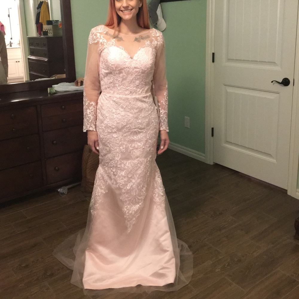 Blush long sleeve wedding dress